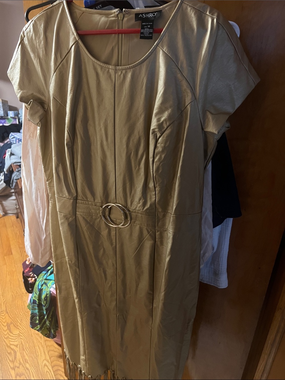 Ashro Gold Faux-Leather Midi Dress with Belt Detail
